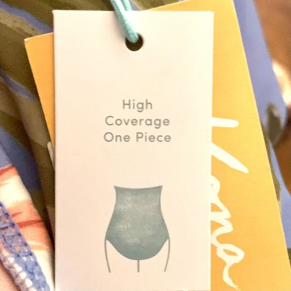 Kona Sol One Piece Blue Tropical Print Ruffle Neck High Coverage Swim Suit S M - Picture 7 of 10